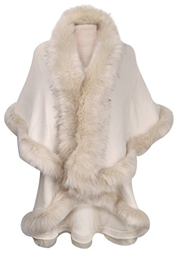 ZLYC Damen Winter Kunstpelz Poncho Strick Schal Stola Warm Cape Cardigan(Milch Weiß),Einheitsgröße