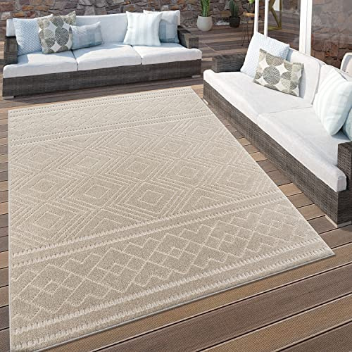 Paco Home Outdoor Teppich Wetterfest Wohnzimmer Balkon Küchenteppich Boho Style Moderne 3D Optik Skandinavisch Geometrisch Beige, Grösse:120x170 cm