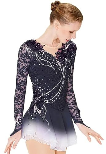 JRUIA Eiskunstlauf Kleid Aus Handgefertigter Spitze Für Mädchen Rollschuh Wettkampf Rock Mit Applikationen Für Damen Langarm Gradienten Gymnastik Kostüm Professionelle Eislaufbekleidung,C,XXXL
