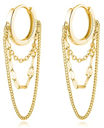 Reffeer Solid 925 Sterling Silver Chain Drop Earrings Hoop for Women Teen Girls Hoop Earrings Tassel Chain Huggie Dangle Earrings (B-18K Gold Plated)