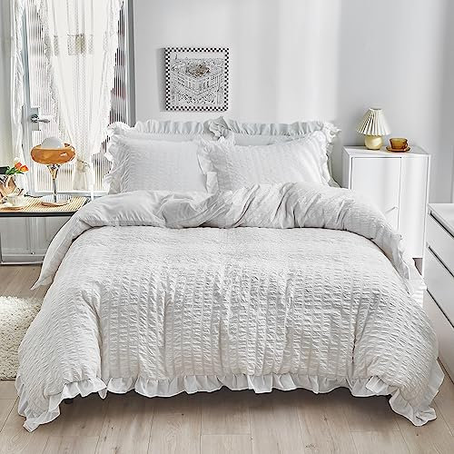 DXHOME Ropa de cama Seersucker de 135 x 200 cm, color blanco, 4 piezas, para niña, con volantes, microfibra, ropa de cama de verano romántica, funda nórdica con cremallera y 2 fundas de almohada de 80