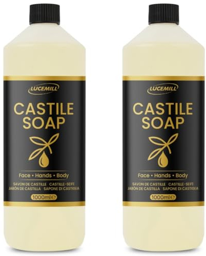 Lucemill Organic Castile Soap | 2 x 1 Litre | Pure & Natural Liquid Soap Base | Unscented & Gentle | Ideal for Body, Face, Hair, Hands, Pets & Cleaning | SLS-Free, Paraben-Free, Vegan Friendly