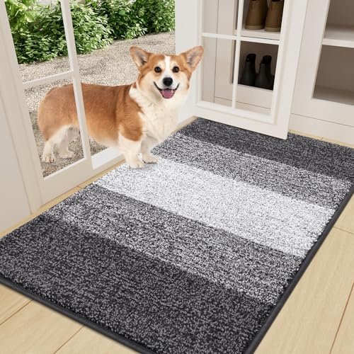 Smiry Dog Door Mat for Muddy Paws, Absorbs Moisture and Dirt, Low-Profile Entryway Mat with Non-Slip Backing, Entry Indoor Outdoor Doormat for Inside Floor (36x24 Inches, Grey, Striped)