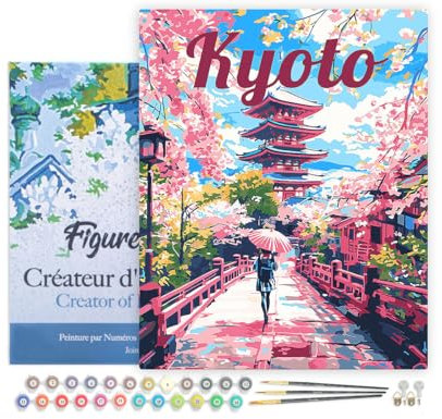 Figured'Art Pintar por Numeros Adultos con marco Póster de Viaje Kioto en Flor - Manualidades pintura acrilica Kit Cuadro DIY completo - 40x50cm con bastidor montado