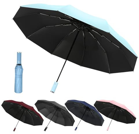 Paraguas de bolsillo con apertura y cierre automático, paraguas resistente al viento de 10 polos, paraguas plegable resistente al viento, protección UV, paraguas impermeable y protector (azul cielo)