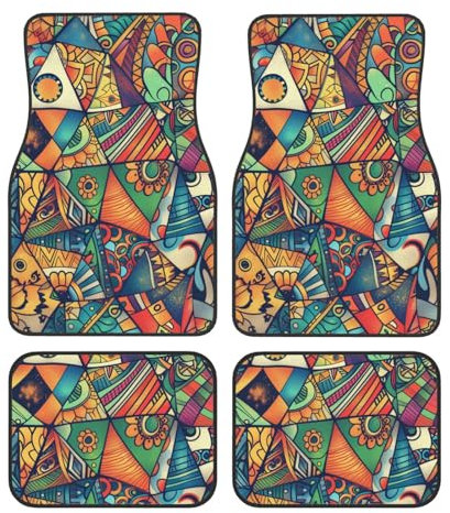 Mexpekil Bunte Muster Boho Automatten Set von 4 Universal Auto Fußmatten rutschfeste Auto Fußmatten Dekorative Autoteppich Protektoren für SUV Van LKW