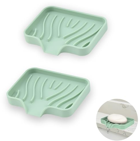 YoHyien 2 Piezas Jabonera de Silicona, Jabonera con Drenaje, Jaboneras para Pastillas de Jabon y Esponja, Saboneteira para Baño, Cocina, Ducha (Mint)