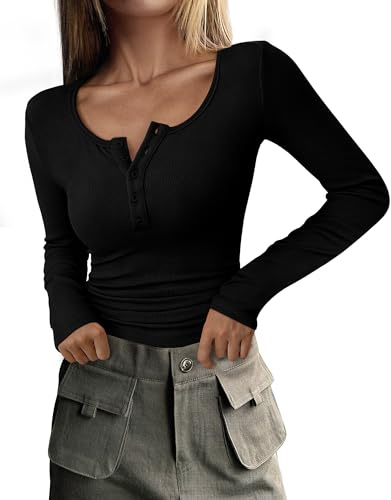 Zeagoo Camiseta de manga larga para mujer, de punto acanalado, manga larga, corte ajustado, parte superior para