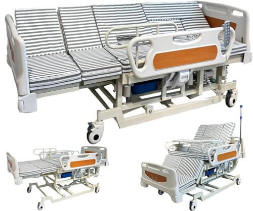 AEXET Premium 10-funktions lateral lutande sjukhussäng, full elektrisk medicinsk säng med justerbar höjd, tysta hjul, madrass, pota, upp till 299 kg (211 x 90 x 50-76 cm)
