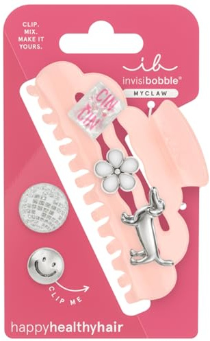 Pinke Haarklammer Y2K mit Disco-Charms - Invisibobble MyClaw Hug me, Baby Silber-Metallic - Damen Haarspange Haarschmuck Rosa groß XXL mit Discokugel, Dackel, Smiley, Blume & Martini - L