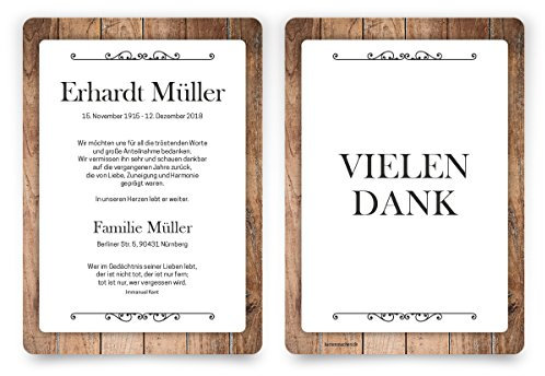 30 x Trauer Dankeskarten Danksagung Danksagungskarten Trauerkarten individuell - Schlichtes Holz