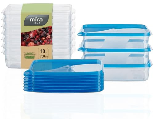 MiraHome Gefrierdosen 10x0,75L rechteckig blau – Vorratsdosen mit Deckel luftdicht – Transparente Frischhaltedosen mit Deckel – Aufbewahrungsbox Küche für Mealprep & Organisation – Austrian Quality