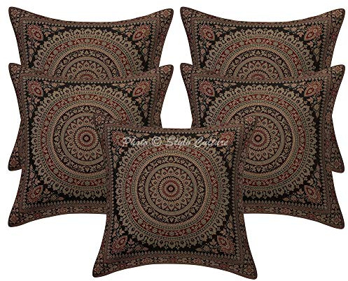 Stylo Culture Ethnicas Funda Almohadon Decorativos 40x40 cm Brocado De Seda Mandala Fundas para Almohadones Cama Negro 16x16 Inch Jacquard Cuadrado Cremallera Fundas De Cojines De Sofa - 5 Pcs