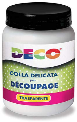 COLLA DELICATA all'acqua per DECOUPAGE TRASPARENTE DECO Barattolo con tappo 250ml specifica per lavori di decoupage con carta, tovaglioli, fotografie. Atossica per hobbistica e modellismo cod. 04820