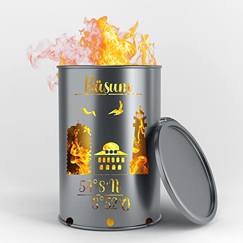 Fuchsbau Feuertonnen Feuertonne mit - Büsum - Motiv - Gefertigt aus neuem Ölfass - Besondere Feuerstelle für Garten und Terrasse - Hohe Feuerschale mit Rostoptik - 90 x 60 cm