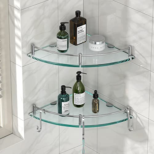 YorkHoMo Glas-Duschregale, Glas-Eckregal, Wandmontage, Shampoo-Halter, Organizer, extra 8 mm dicke Eckregale für Innendusche, mit 3 Haken