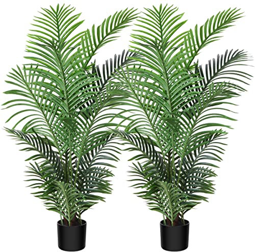 Fopamtri Kunstpflanzen Groß Areca Kunstpalme 120 cm im Topf Künstliche Pflanze Tropical Hawaii Grün Fake Plant für Schlafzimmer Büro Garten Hochzeit Party Deco (2 Stück)