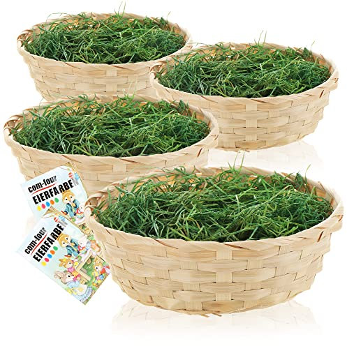 com-four® 4x Osterkörbchen mit Deko Gras und Eierfarben - Osterkörbe mit grünem Gras - Bastkorb mit Ostergras (Set Natur braun 2)
