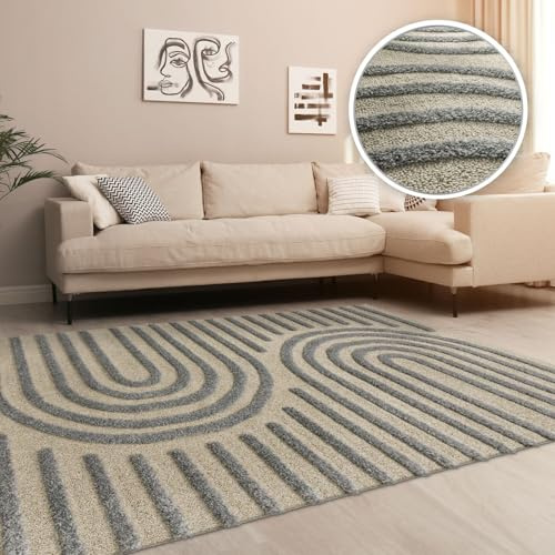 TT Home Wohnzimmer Teppich Hochflor Langflor Schlafzimmer Boho Design 3D Design Skandi Modern Unifarben, Farbe:Grau, Größe:80x150 cm