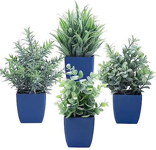 Summer Flower Set mit 4 künstlichen Pflanzen im Topf, kleine künstliche Eukalyptus-Topfpflanze, Mini-Weizengras-Farne, künstliches Grün für Zuhause, Innenbereich, Büro, Tisch, Badezimmer