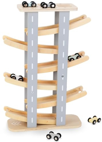 Mamabrum Pista Coches para Niños Madera - Juguetes Niños 2 Años con 6 PIS y Coches Colores - Tobogán Educativo Que Desarrolla Coordinación y Destreza - 31x10x45cm