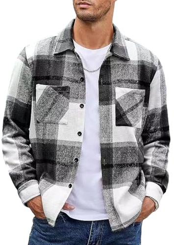 MakingDa Camisa de franela para hombre de manga larga, camisa cálida y gruesa a cuadros con botones, camisa casual de invierno a cuadros con bolsillos, Negro, XL