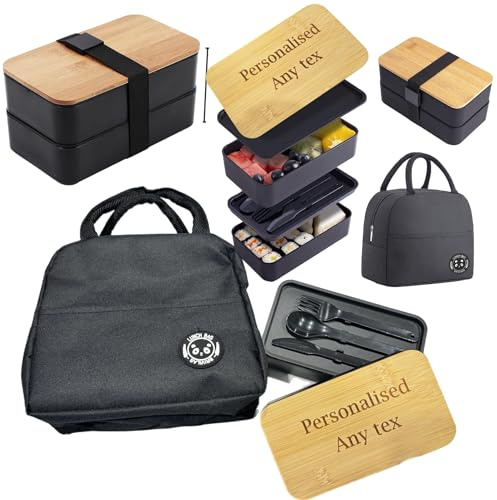 TinyGift Personalised Bamboo Eco Friendly Lunch Box with Bag Customisable for Adults and Kids - Available in Black, White, Green, and Red
