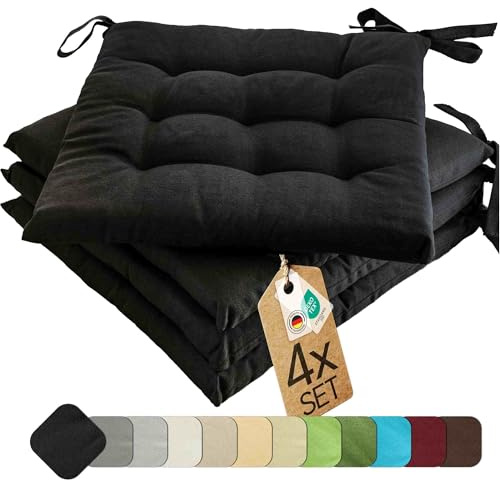 etérea Cuscino per Sedia 40x40 cm Nero – con Lacci, Imbottitura Indeformabile, Interno & Esterno, Set da 4 per Sedia da Giardino, Sala da Pranzo & Panca