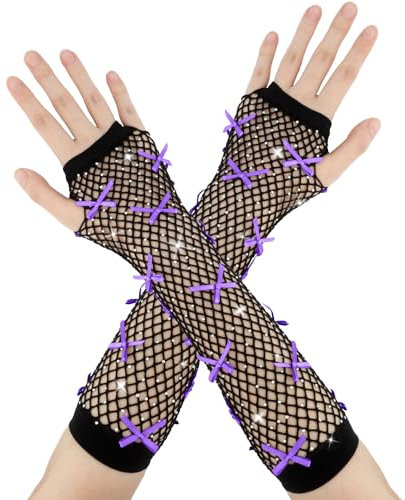 Netzhandschuhe,Netzhandschuhe Schwarz,Fingerlose Handschuhe,Handschuhe Ohne Finger,Fingerlose Handschuhe Damen,Schwarze Handschuhe Lang,Halloween Gloves,Lila Schleife Mit Strasssteinen (1 Paar)