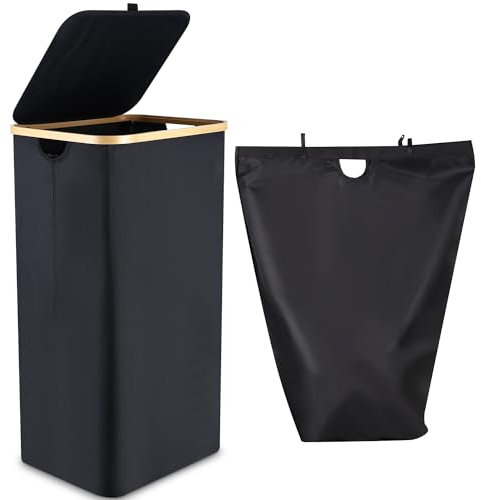 Wäschekorb mit Deckel 100L, Wäschebox mit Bambus Henkel und Innentasche,Wäschesammler Bambus,Groß Kapazität,Laundry Baskets,Faltbare Wäschekörbe für Waschküche, Schlafzimmer, Badezimmer(schwarz)