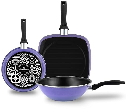 MAGEFESA Set Sarten, Grill y Wok Inducción 24-27-28 cm, Antiadherente Libre PFOA, Mango Ergonómico Profesional, Diseño Moderno, Acero Vitrificado ECO, Esmalte Exterior Very Peri