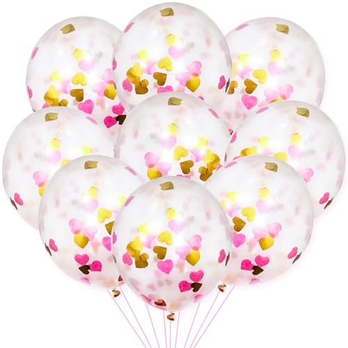 KOBOKO Rosa Luftballons Konfetti Geburtstag, 20 Stück Herz Luftballons Deko, Helium Ballons Gold Glitzer, für Mädchen Damen Hochzeit JGA Baby Party