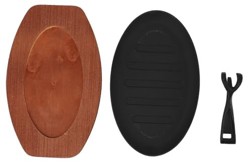 Ghzste Small Cast Iron Skillet with Wooden Base 12 Inch Pan Fried Fish Plate Iron Fish Serving Grill Platter Steak Hot Serving Dish Pan for Restaurant Kitchen