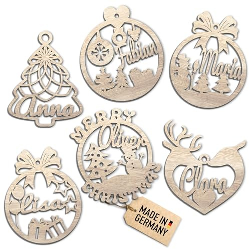 Urhome Personalisierte Ornamente mit Gravur - 22 Verschiedene Weihnachtskugel Motive aus Hell Braun Holz Christbaumschmuck Anhänger für Weihnachtsbaum Freunde Familie