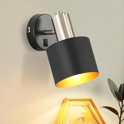 ZMH Wandlampe mit Schalter Wandleuchte Schwarz - Innen Flur Vintage Wandstrahler E27 Metall Wandbeleuchtung Retro 330° Schwenkbar Kleine Beleuchtung für Schlafzimmer Küche（ohne Leuchtmittel）