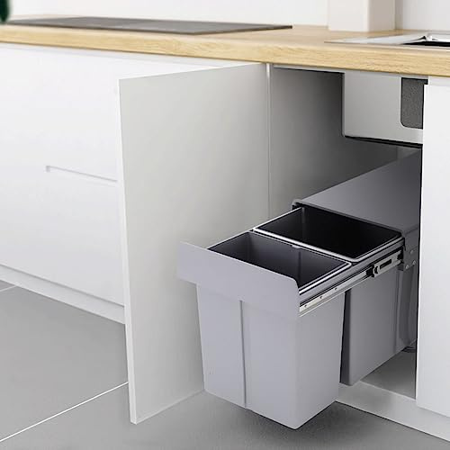 XEMQENER 30L Pull Out Kitchen Bin Triple Compartment for Recycling Waste | 10L + 20L Removable Dual Bin with Handle, with Sliding Buffer, Waste System for Cupboard, Fits 300-400mm Wide Cabinet