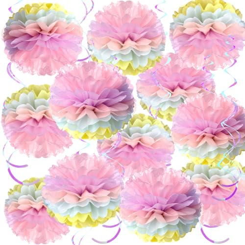 SUNBEAUTY 12 Stück Pastell Seidenpapier Pompons Deko Pastell Aufhängen Geburtstagsdeko Deko Bunte Papier Pompons für Hochzeit Geburtstagsdeko Tischdeko Baby Shower Frühling Sommer Deko