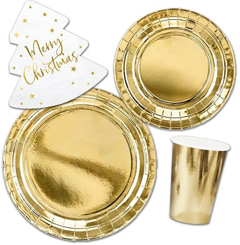 Decoraparty Set Stoviglie Natale Oro, Addobbi Decorazioni Dorate da Tavola Monouso per 6 Persone per Festività Natalizie Christmas, 6 Piatti Grandi, 6 Piatti Piccoli, 20 Tovaglioli, 6 Bicchieri