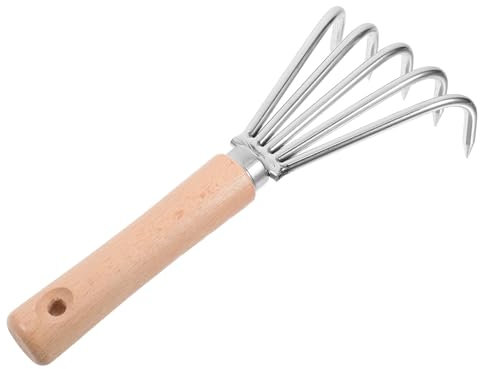 UKCOCO Rastrillo De Mano Multifuncional De Acero Inoxidable con Mango Corto De Madera para Jardín y Cultivo, Herramienta Pequeña para Deshierbar y Aflojar Tierra, 1 Unidad, Uso Jardinería