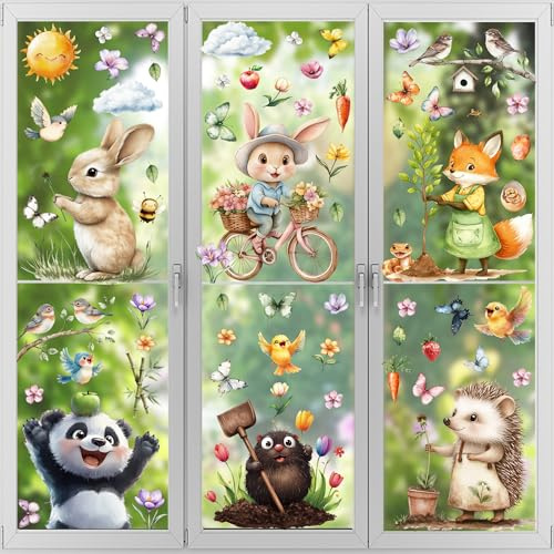 Kangtaixin Fensterbilder Frühling Kinder Selbstklebend – 9 Blätter Fenstersticker mit Kleintiere, Wiederverwendbare Fensteraufkleber für Kinderzimmer, Fensterdeko, Frühlingsdeko, Sommer Deko
