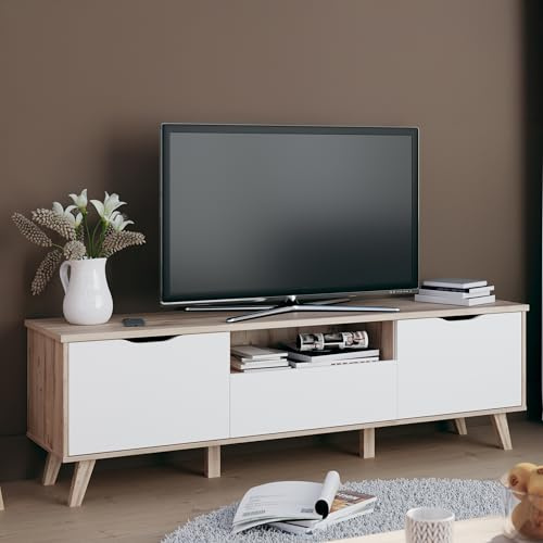 Forte VANKKA TV-Unterschrank 180, Lowboard mit 1 Schublade und 2 Türen, erhöhte Beine, Holzwerkstoff, Planked Eiche Dekor/Weiß, 179,1 cm breit, 54,3 cm hoch, 42 cm tief