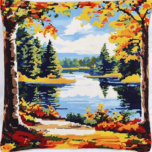 AxiangziK Natürliche Landschaft DIY Knüpfkissen Zum Selber Knüpfen Knüpfhaken-Set,Waldsee,Knüpfhaken-Set,Kissen-Stickset,Bastel- Und Heimdekoration,Latch Hook Kit,17x17in