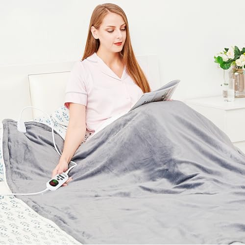 Manta eléctrica con apagado automático, 130x180cm, 10 niveles de calentamiento, temporizador de apagado automático de 1 a 9 horas, protección contra sobrecalentamiento, gris