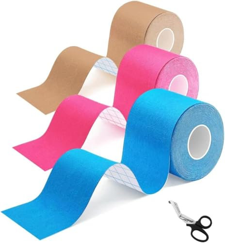 Nastro Kinesiologico Sportivo Impermeabile ed Elastico, Tape Kinesiologico Professionale 5m x 5cm, Supporto Muscolare e Articolare, Set di 3 Rotoli, Colori Vari - Nero, Rosa,Beige (Rosa/Blu/Beige)
