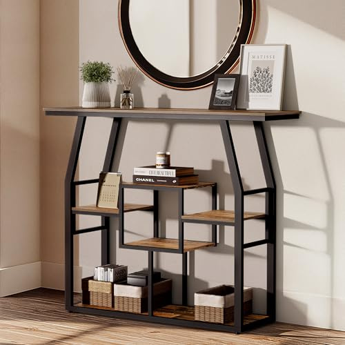 Pamapic Konsolentisch, 105cm Schmaler Konsolentisch,Schmaler Flurtisch Marmo mit 6 Ablagen, Sofa-Beistelltisch für Eingang, Flur, Foyer, Wohnzimmer, industriell, Schwarz+Retro