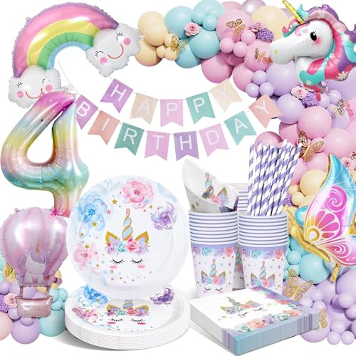 yosiio Unicorn Party Tableware Set, 4th Unicorn Birthday Decoration Set | Paper Plates Cups Napkins Straws Banner Balloons for Kids' Birthday Parties 16 Guests