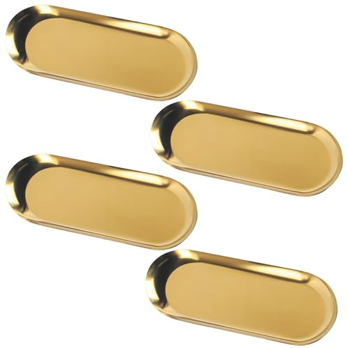 4 PCS Gold Trays Decorative, Perfume Tray Small Accessory Oval Jewellery Trays Gold Plate for Decoration, Practical Trinket Tray Suitable for Bedrooms Kitchens Living Rooms ﻿