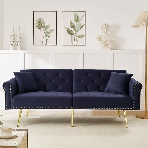 Arhatreya 2 Sitzer Sofa Gästesofa Modern Couch, 2er Sitzsofa mit 3-stufiger Verstellung und Metallfüße, Zweisitzer Polstersofa für Wohnzimmer Schlafzimmer Wohnung Gästezimmer, Samtstoff, Blau