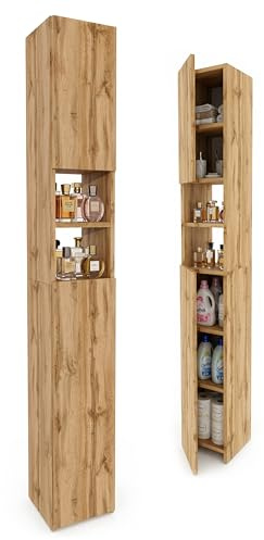 CraftPAK Badezimmerschrank 24 cm Breit, Badschrank, Hochschrank 7 Fächer Verstellbar 2 Türen Badezimmermöbel Badmöbel Schmal Holz Braun