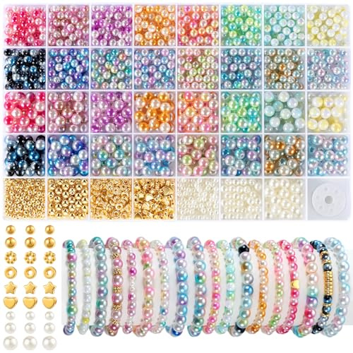 Funtopia Armbänder Bastelset Kinder ab 4 Jahren & Erwachsene | Perlen Set mit 6mm 8mm Zweifarbige Bunte Perlen zum Auffädeln, Goldenen Spacer, Armbänder Selber Machen, für DIY Schmuck
